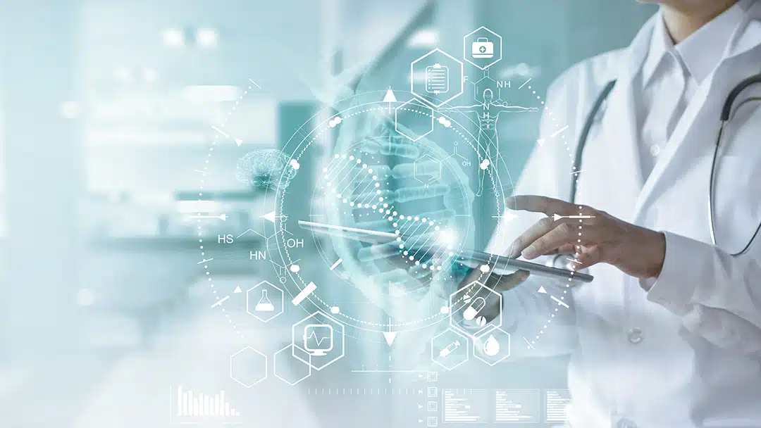 doctor on tablet expanding DNA and clincal data